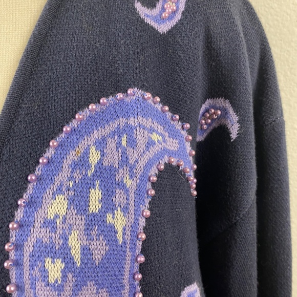 Vintage 80s Knit Cardigan Large Open Pappagallo Dark Blue Purple Beaded Paisley - Picture 3 of 9